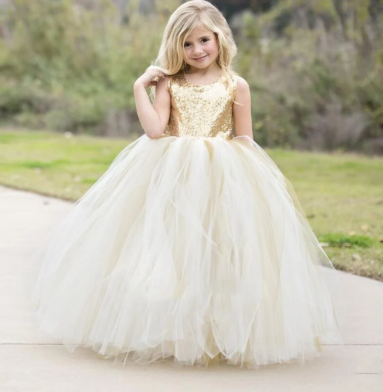 Puffy Flower Girls Dresses Ivory Champagne tulle bling Gold Sequins Top keyhole back baby Ball Gown long tutu dress for wedding Puffy Flower Girls Dresses Ivory Champagne tulle bling Gold Sequins Top keyhole back baby Ball Gown long tutu dress for wedding