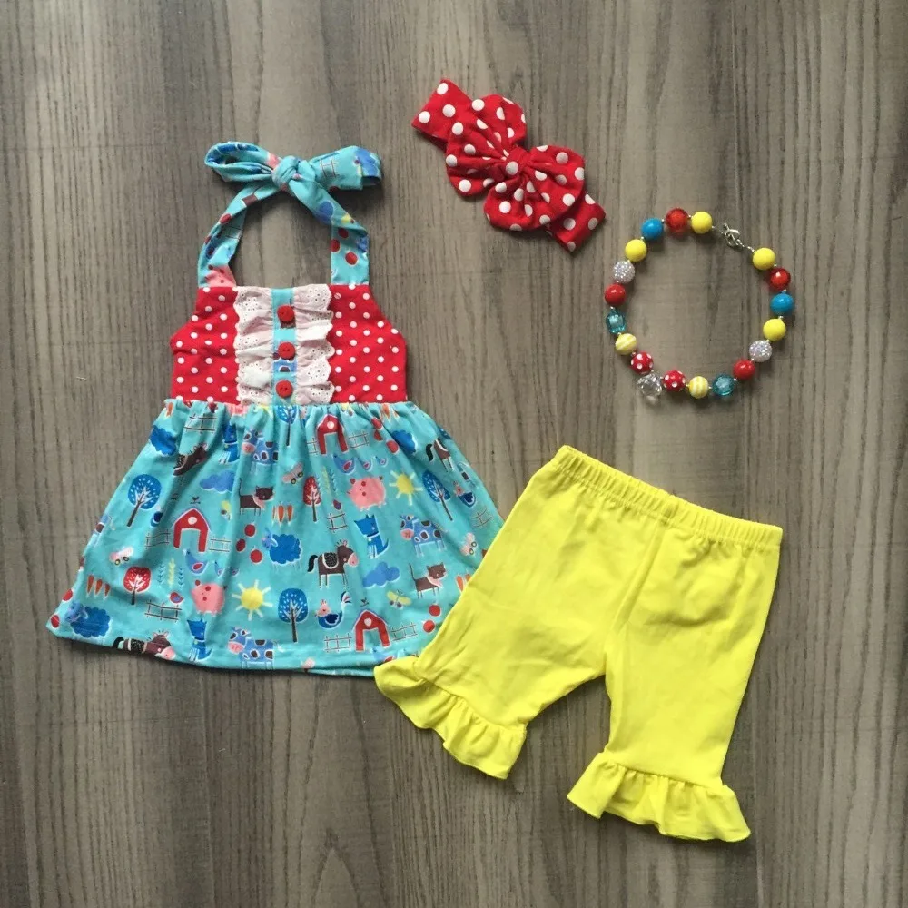 

new arrivals summer baby girls boutique red yellow yard barn capris outfits clothes polka dot ruffles cotton match accessories
