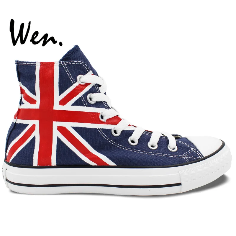 Wen Blue Hand Painted Shoes Design Custom UK Flag Men Women s High Top Canvas font