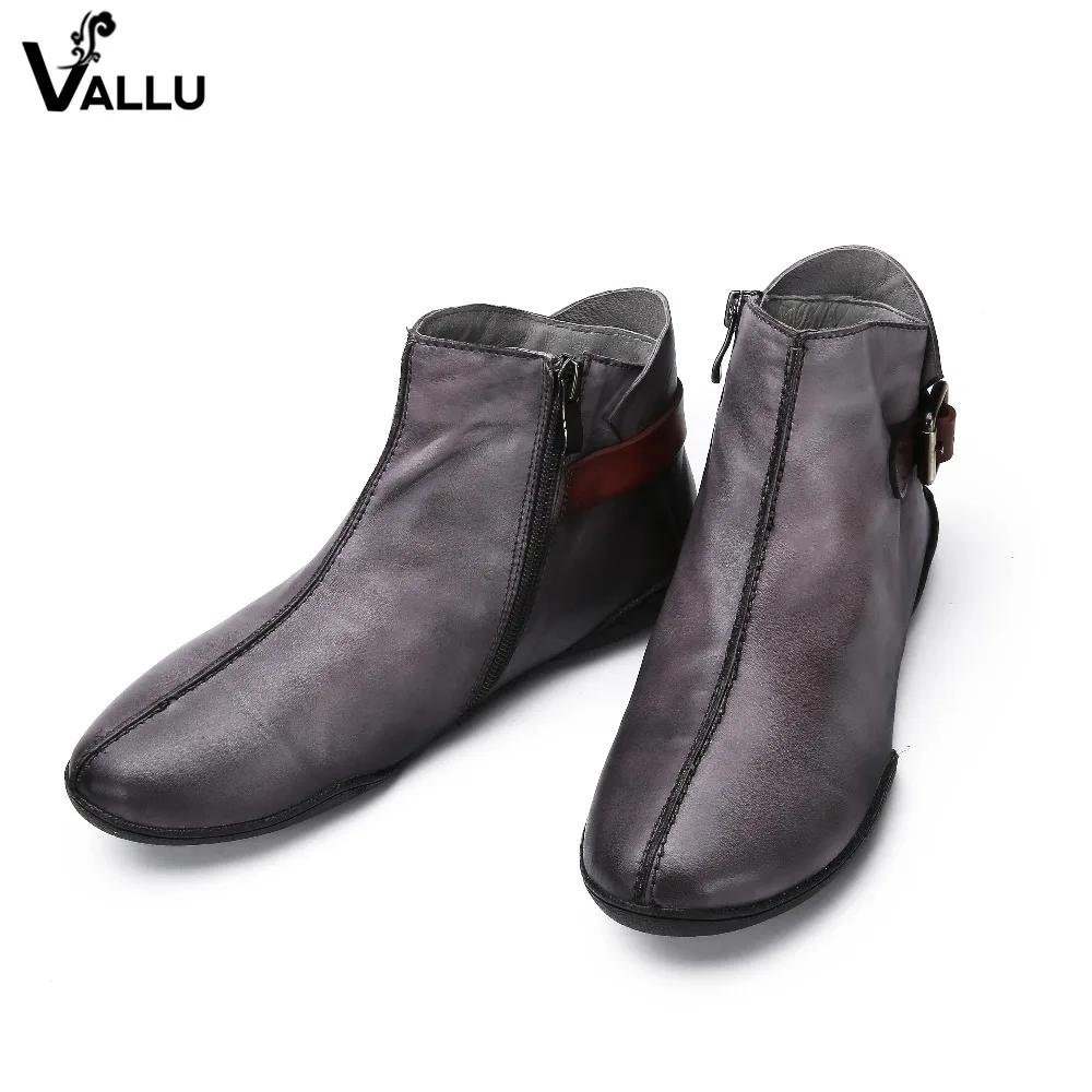 

VALLU Women Winter Autumn Shoes Genuine Leather Women Boots Buckle Brand Women Shoes Handmade Vintage Ankle Boots