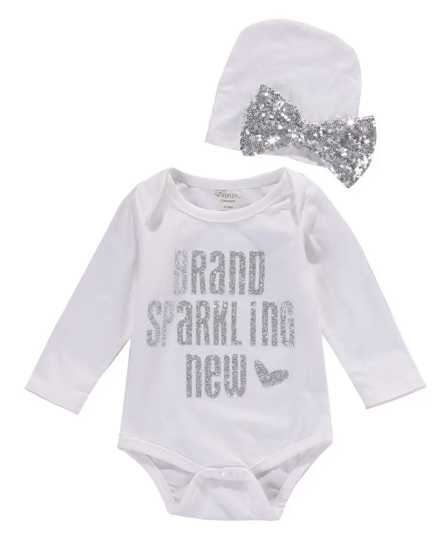 

Helen115 Sparkling Newborn Baby Girls Letter Printed Full Sleeve Bodysuit+Bow Hat 2Pcs Set 0-18M