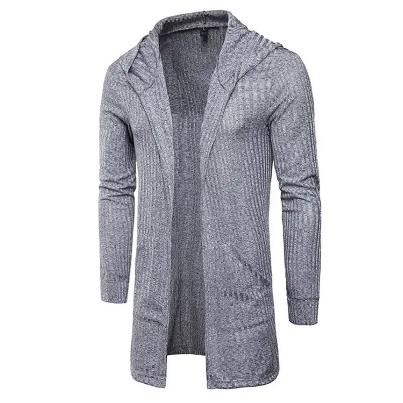 Autumn Men Hooded Cardigan Sweater Casual Long Knit Outwear Stylish Full Sleeve Tops - Цвет: Серый