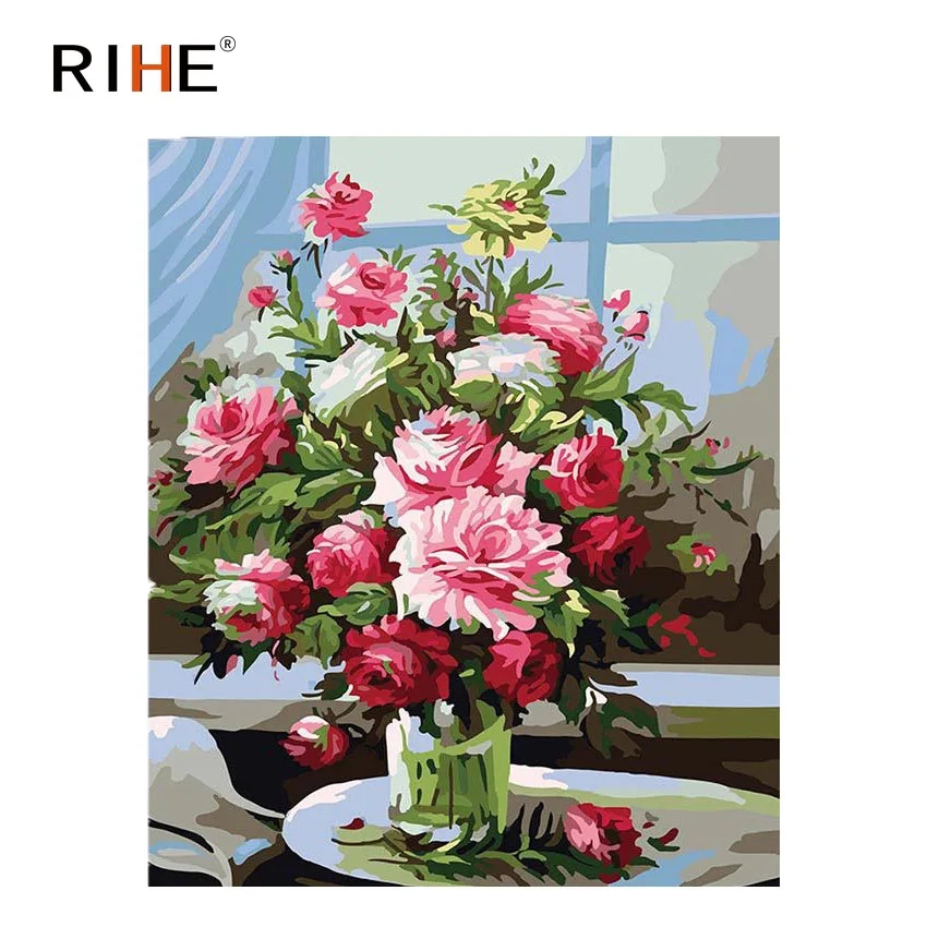 

RIHE Rose Vase Diy Painting By Number Oil Painting On Canvas Hand Painted Flower Table Cuadros Decoracion Acrylic Paint Home Art