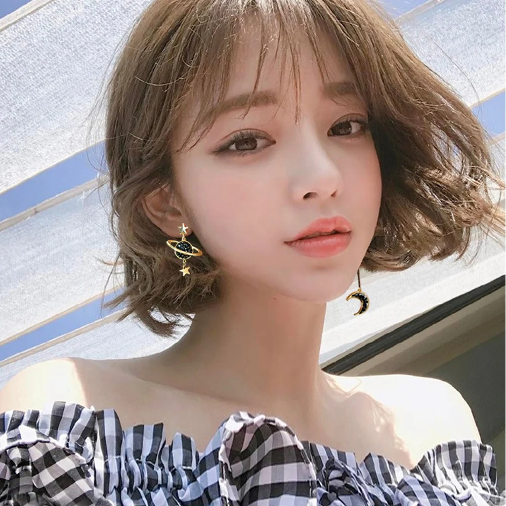 

New asymmetric earth star moon S925 earrings women fashion Korean temperament earrings long personality exquisite Ear Jewelry