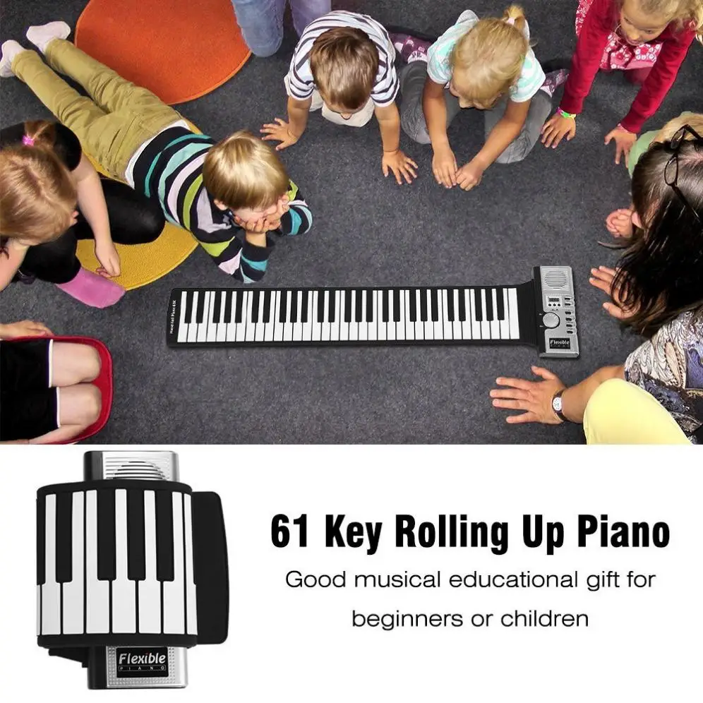 61 Keys Folding Electronic Silicone Flexible Hand Roll Up Piano Built-in Speaker MIDI Out Keyboard Organ for Children Student