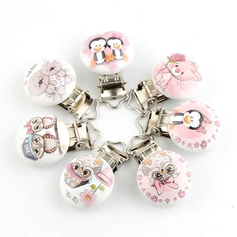 

10Pcs 45x29mm Baby Pacifier Clips Cartoon Owl and Penguin Pattern Wood Metal Holders Cute Infant Soother Clasps