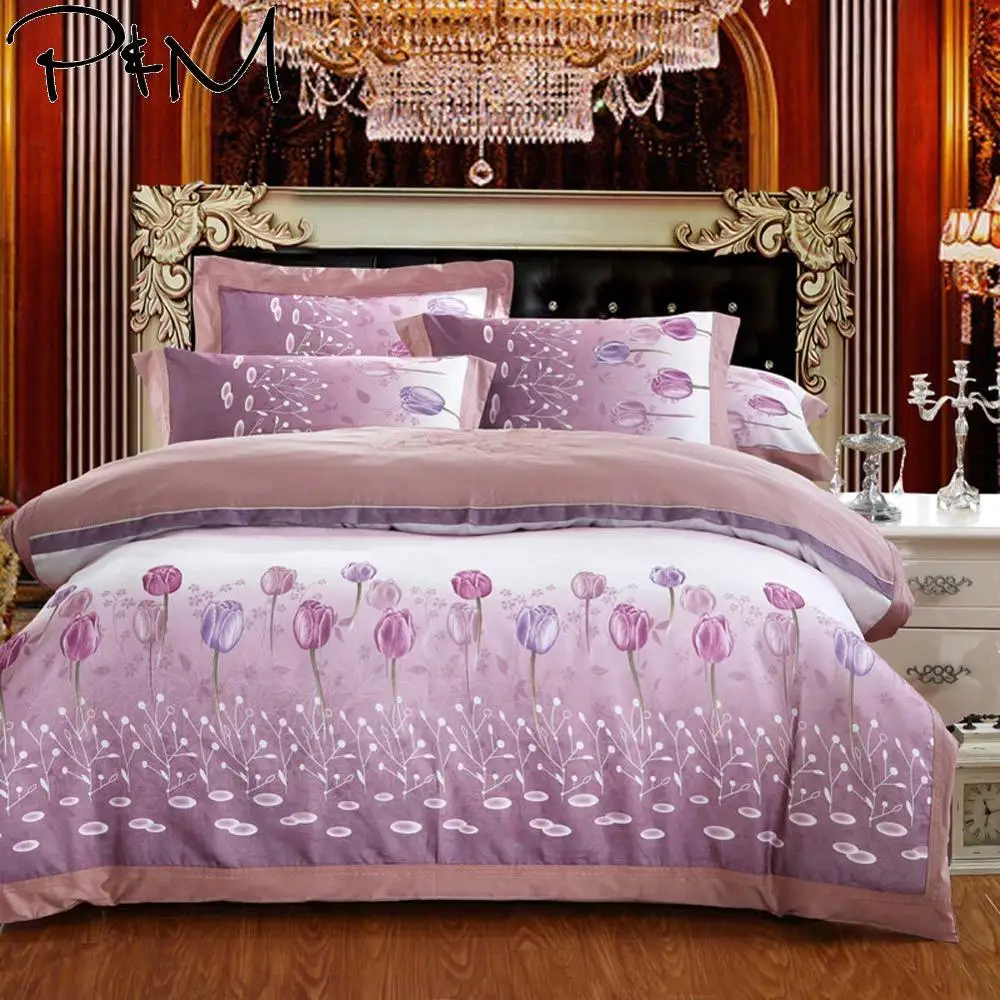 

2019 Purple Grey Tulips Floral Bedlinens Queen King Size Flat Sheet Embroidery Duvet Cover Set Silk Cotton Bedding Set