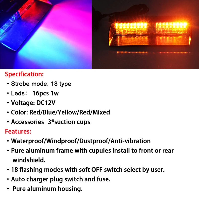 16 LED Blue Strobe Dash Deck Light , Police Windshield visor warning LED dash Strobe Visor Light Red Blue Yellow White car Viper S2 Signal flashing led warning light Police Strobe Flash emergency Lights (2)