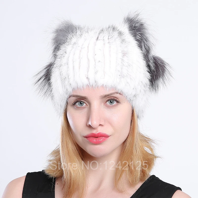 

New winter Parent-Child women girl kids genuine leather mink fur hat with fox pompoms lovely cat ear latest real fur caps hat