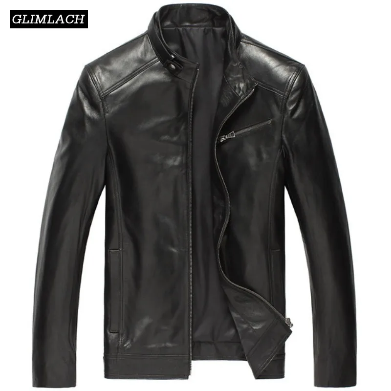 2018 Black Genuine Leather Moto Biker Jacket Men Streetwear Fashion Zipper Real Sheepskin Leather Bomber Jackets Male Clothes