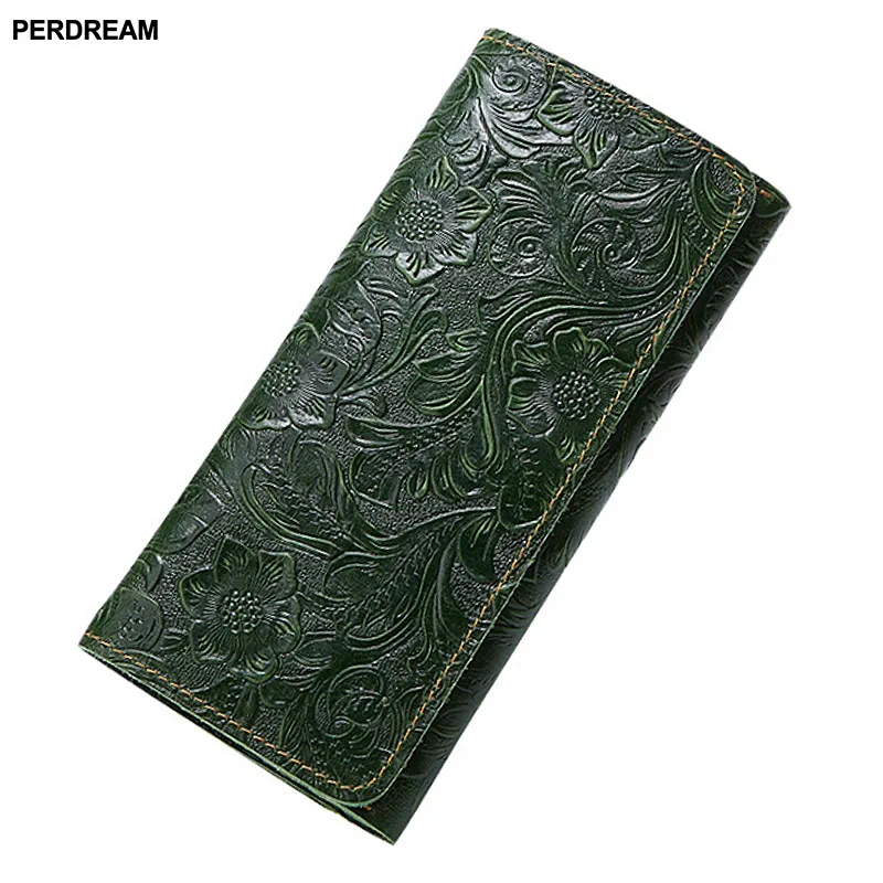 

PERDREAM New Leather Wallet Vintage Embossed Wax Leather purse Long Lady Wallets Fashion Cowhide Clutch