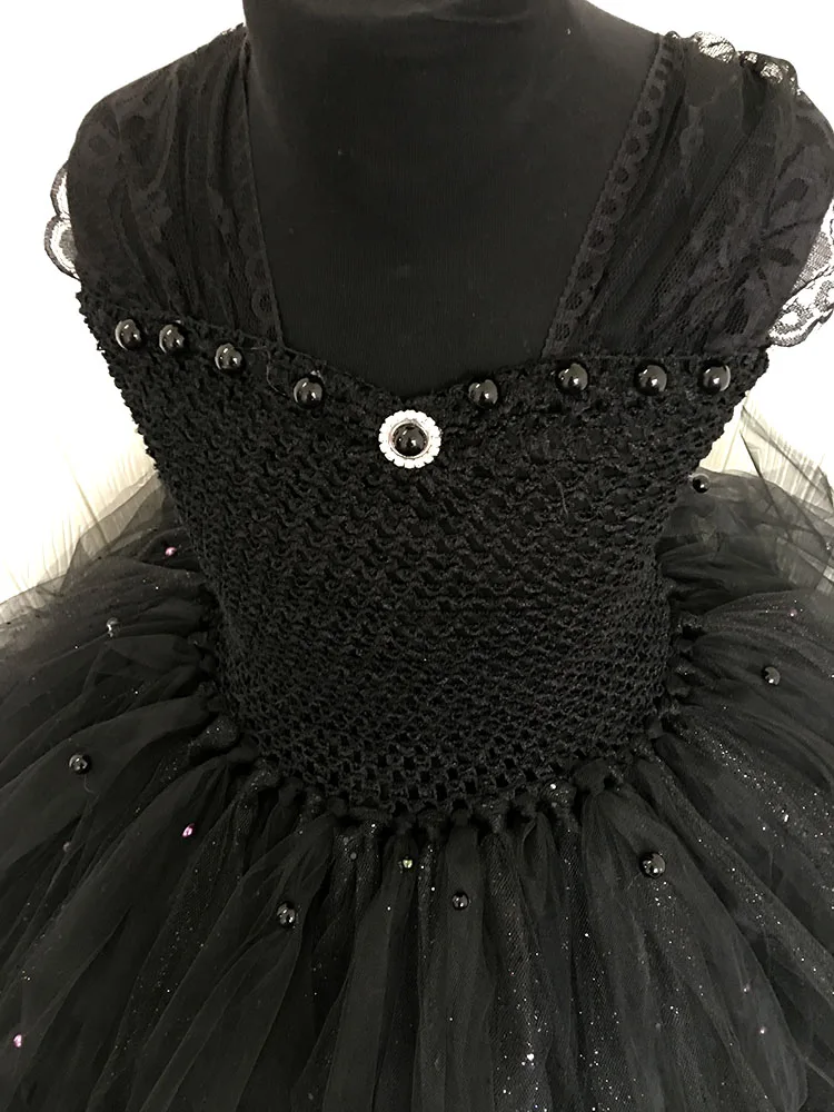 Черное пышное платье-пачка с v-образным вырезом для девочек; элегантное платье принцессы для маленьких девочек на День рождения; вечернее фатиновое платье-пачка с жемчугом для фотографий