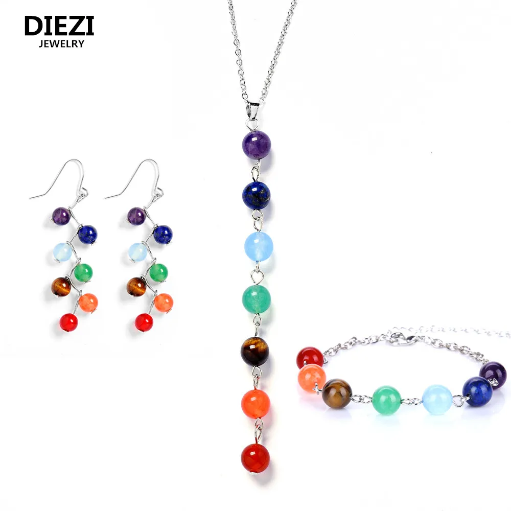 

DIEZI Fashion India Yoga Energy Natural Stone 7 Chakra Healing Balance Beads Necklaces Earrings Bracelet Jewelry Sets for Women