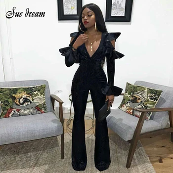 

2019 new fashion style jumpsuit sequins long-sleeved women's ruffled sexy tights overalls fashion celebrity overalls clothing