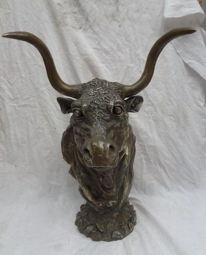 

song voge gem S4773 20" Chinese Bronze Decoration Wealth Bull Ox Head Statue Copper Art Ox Horn