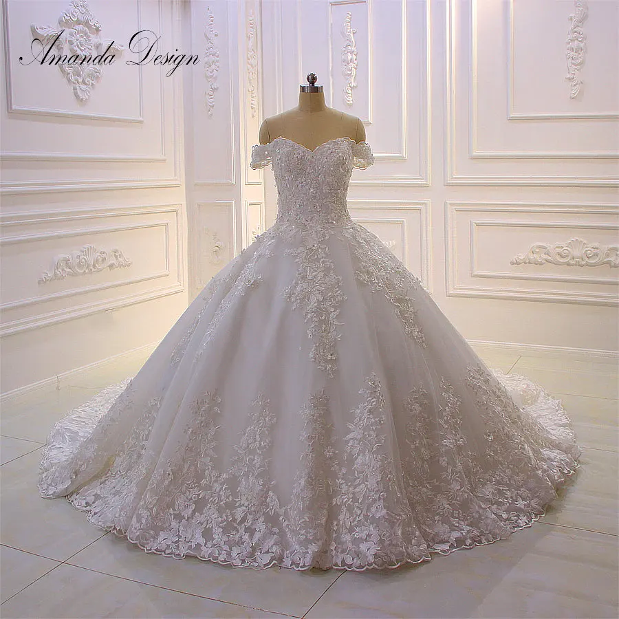 

Amanda Design Off Shoulder Lace Applique Ball Gown Wedding Dress