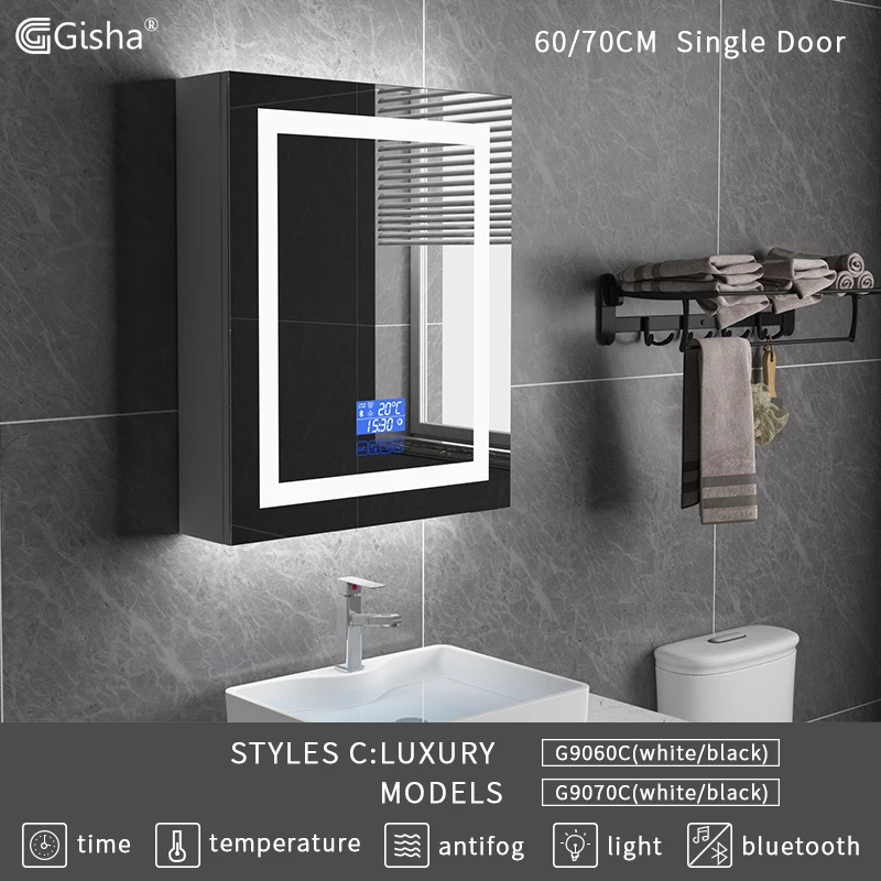 Gisha جدار جبل الذكية LED الخشب مرآة ماكياج الحمام مجلس الوزراء مع شاشة تعمل باللمس بلوتوث ذكي حمام مكافحة الضباب مرآة Gisha جدار جبل الذكية LED الخشب مرآة ماكياج الحمام مجلس الوزراء مع شاشة تعمل باللمس بلوتوث ذكي حمام مكافحة الضباب مرآة