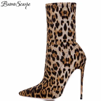 

BuonoScarpe 2019 Fashion Leopard Shoes Woman Sexy Stretch Mid Calf Boots Slip On Pointed Toe Stilettos High Heel Botas Mujer