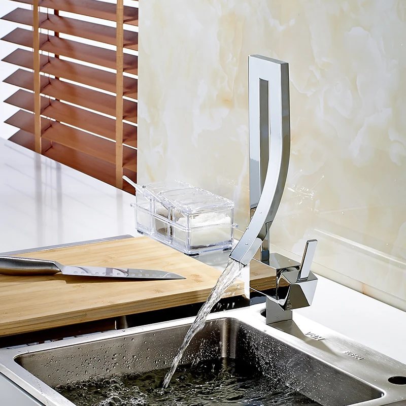 Kitchen Faucet Deck Mounted Kitchen Water Mixer Tap Chrome Square Waterfall Griferia Lavamanos Cold Hot Musluk 210-22C Kitchen Faucet Deck Mounted Kitchen Water Mixer Tap Chrome Square Waterfall Griferia Lavamanos Cold Hot Musluk 210-22C