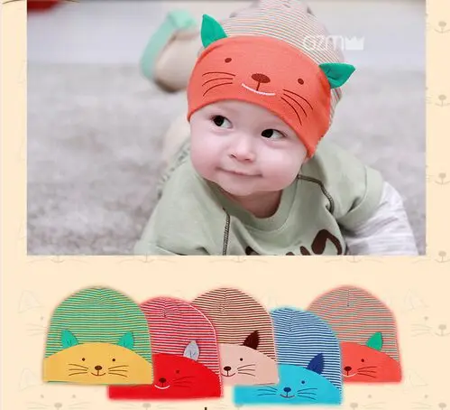 

2017 New Cute Cat Animal Design Toca Infantil Stripe Pattern Beanies Baby Skull Hats Newborn Prop Kids Caps