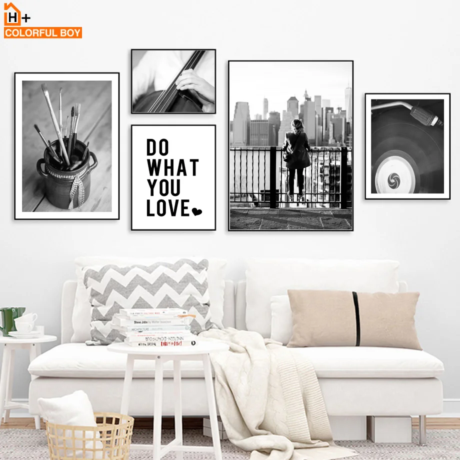 

COLORFULBOY New York Guitar Landscape Wall Art Print Canvas Painting Black White Nordic Poster Wall Pictures For Living Room