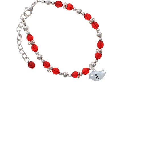 Silvertone Little Bird Initial - K - Red Beaded Bracelet