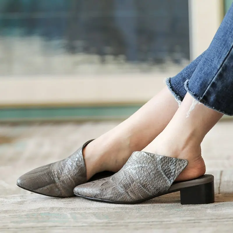 Grey Delle A Signore Grigio Sandali red In Ciabatte Donna Pelle Rosso Tacco Mano Fatti Punta Dell'annata Pantofole Quadrato Da Actmdall Stampa EqPvH