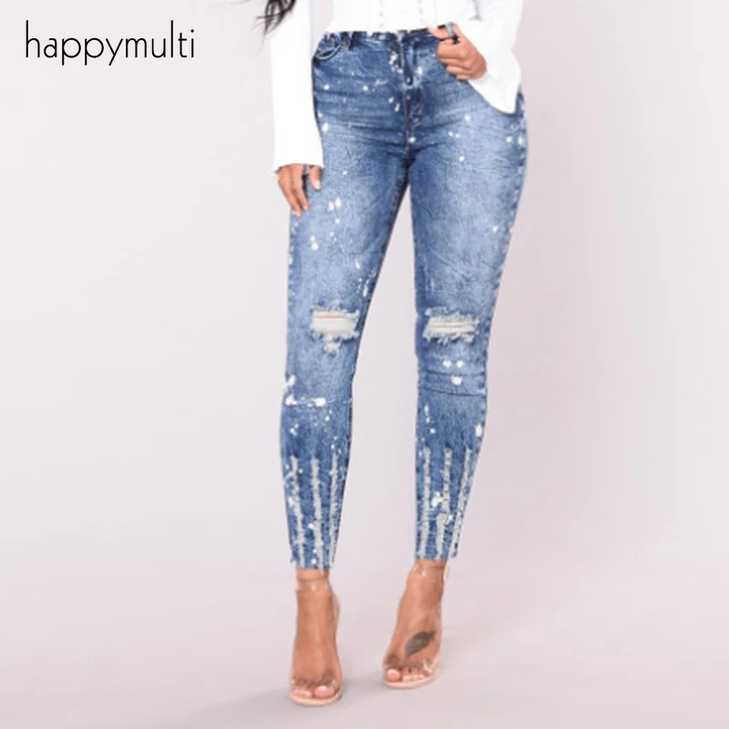 

Jeans Woman Happymulti Casual Skinny Ripped Washed Hole High Waist Button Fly Plus Size Pencil Pants Fashion Jeans for Women