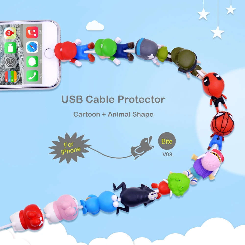 CHIPAL Cute Animal Anti-Break Bite Cable Protector Winder for iPhone USB Data Cable Organizer Sesame Stitch Cartoon Bites Holder
