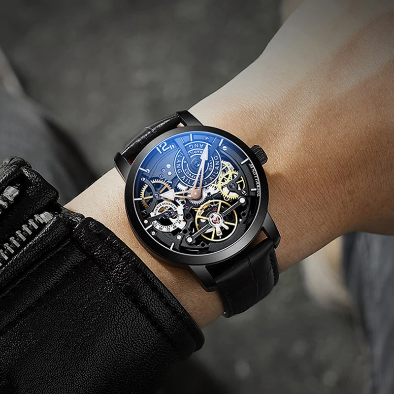 AILANG Мужские механические часы Tourbillon Роскошные модные мужские кожаные Брендовые