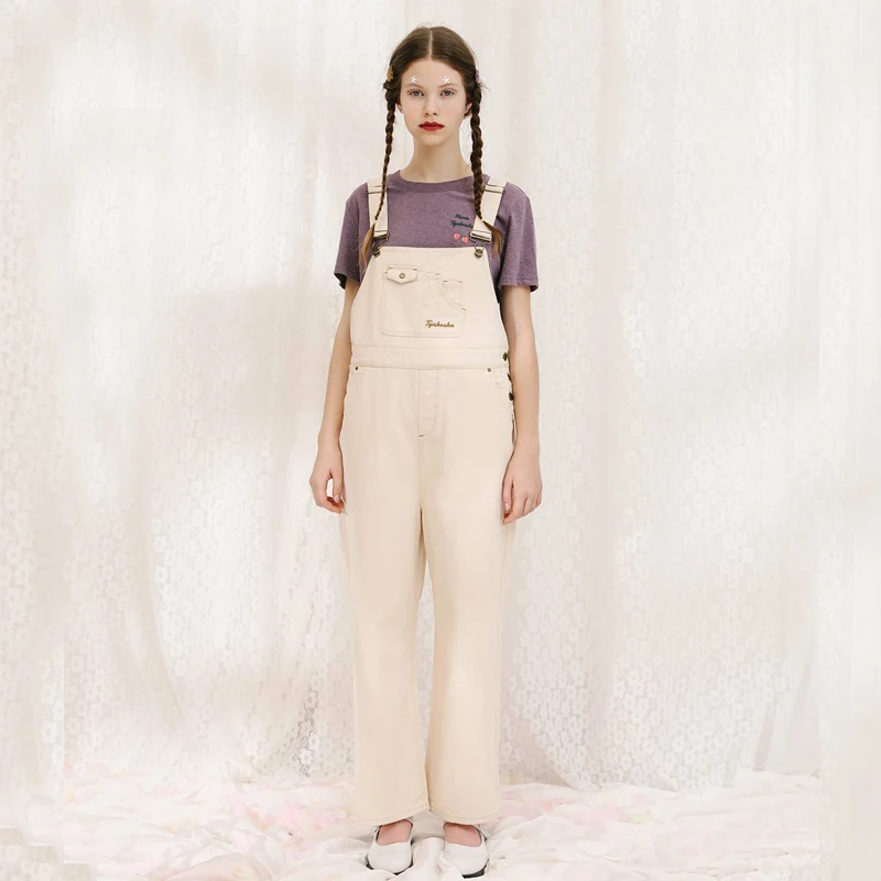 Autumn Design 2018 Casual Women Jumpsuit Beige Cotton Romper Overalls Full Length Trouser Letters Embroidery Perppy Style Loose | Женская