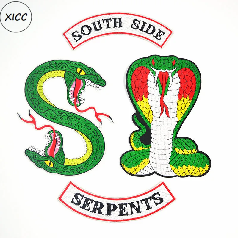 Большой Размеры ривердейл "South Side serpents" утюг на патчи для Костюмы, с рисунком героев из мультфильмов, два головой кобры вышитые наклейки аппликация