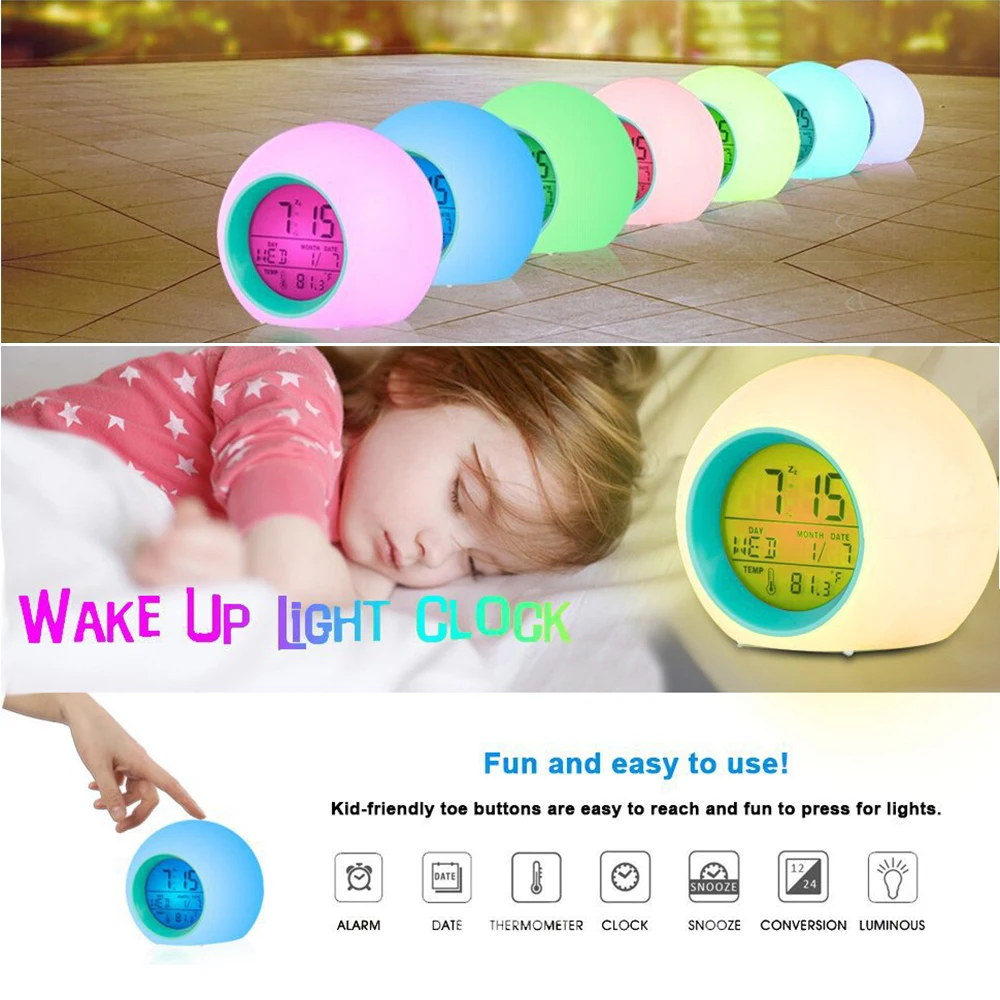 

Round Colorful LED Alarm Clock Children Study Thermometer Calendar Ball Night Light Alarm Clock Multifunction Snooze Table Clock