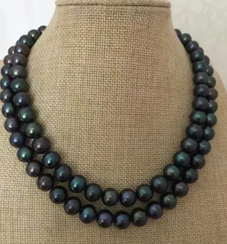 

double strands 10-11mm tahitian round black green pearl necklace 18""