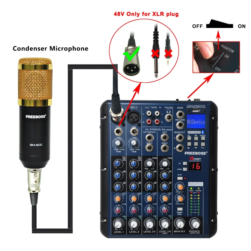 Freeboss SMR6 Bluetooth USB Запись 2 моно + стерео 6 каналов 3 диапазона эквалайзера 16 DSP эффект