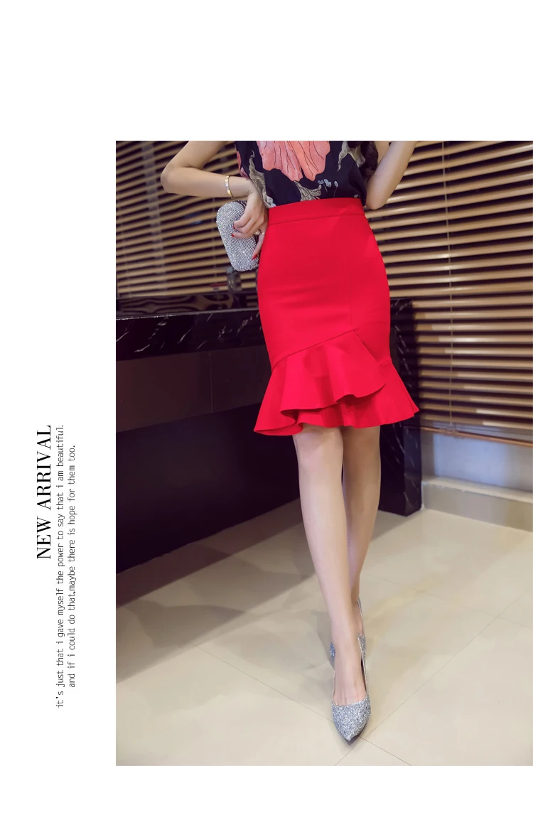 Модная женская юбка-Русалка длиной до колена, высокая талия, Облегающие юбки-карандаш размера плюс, черный, красный, неровный подол, облегающая юбка, Saia S-5XL