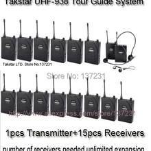 Дешевле Takstar УВЧ-938 UHF частота Беспроводной гид Системы 50 м Рабочий диапазон 1 передатчик+ 15 приемники для гида