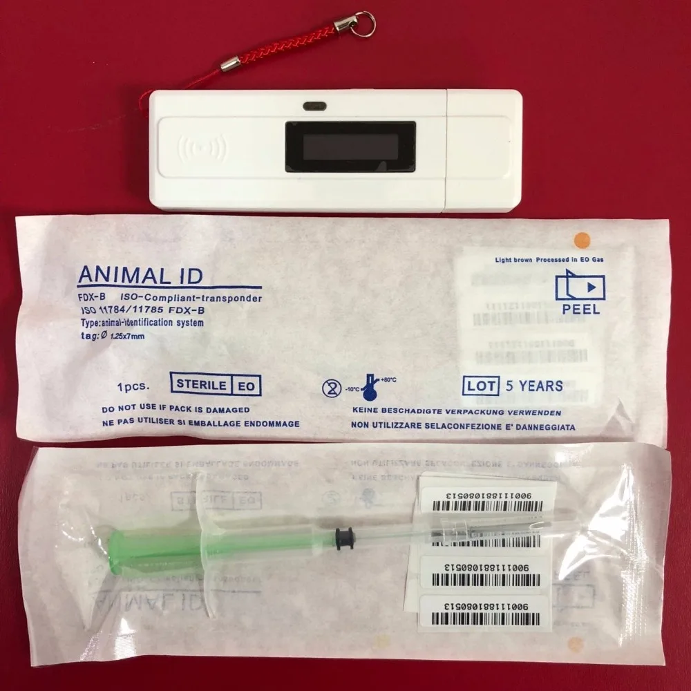 

Low frequency Fdx-b Animal rfid Reader dog pet microchip reader scanner+20pcs 1.25*7mm FDX-B rfid tag dog fish turtle syringe