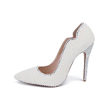 

MA0431 New Fashion Fours Seasons White Pearl Mid-heel Pointed Single Shoes Women Wedding Party High-heeled Pumps