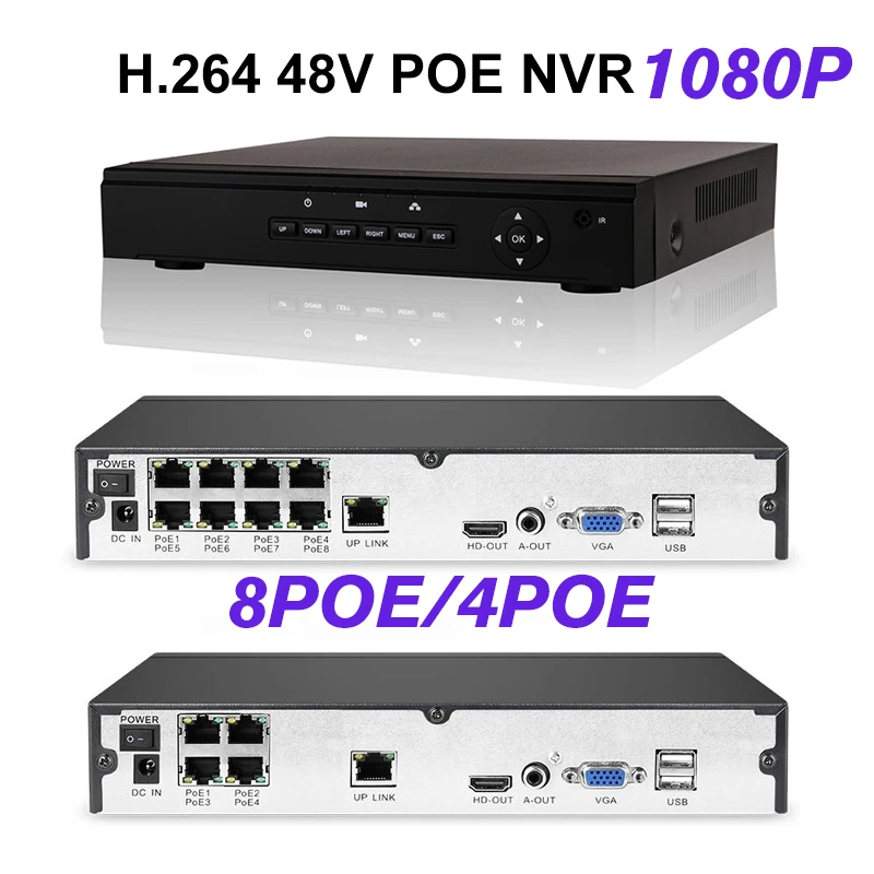 

1080P 4POE 8POE NVR 48V POE Network Video Recorder Onvif P2P For POE IP CCTV Camera