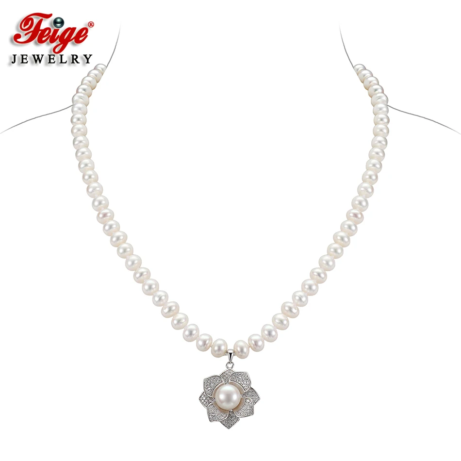 FEIGE Fashion Style Freshwater Pearl Necklace 925 Sterling Silver Inlay Cubic Zirconia Pendants for Women Handmade Jewelry | Украшения и