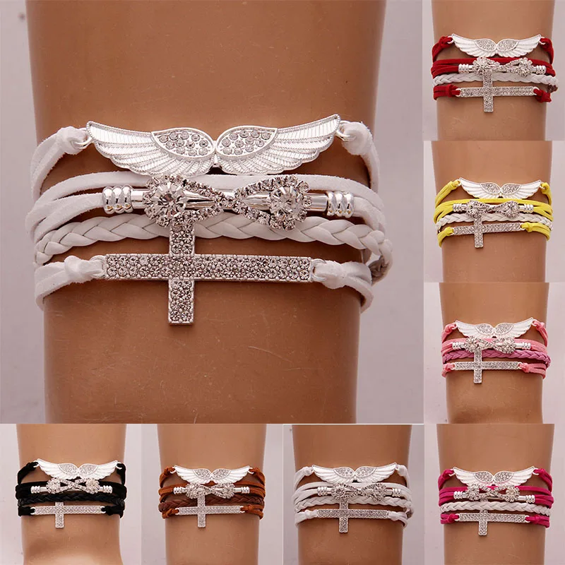 

Infinity Leather Cross bracelet braided Angel Wing bracelet wrap rope bracelet & bangels rhinestone jewelry Christmas Gift