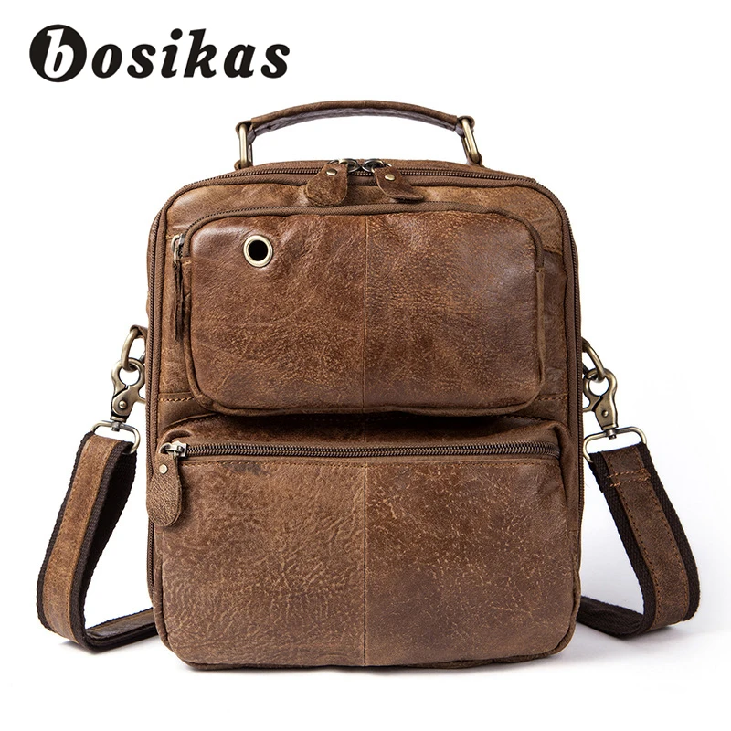 

BOSIKAS Men Bag Genuine Leather Shoulder Bag Men's Zipper Crossbody Messenger Bag Vintage Phone Bag Frosted Handbag for Man New