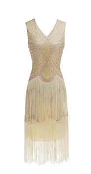 

1920s Gatsby Charleston Sequin White Bead Fringe Flapper Dress Vestido Robe Double V-Neck Sleeveless Tiered Tassel Party Dress