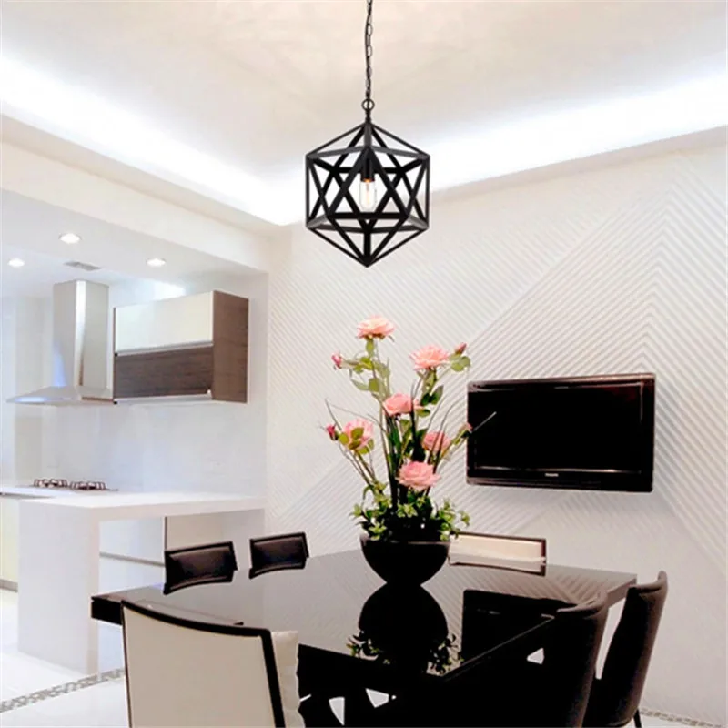 

Retro Industrial Hang lamp Iron Hexahedron Personality Cage Pendant Lightings Creative Metal Restaurant Loft Light E27 Black