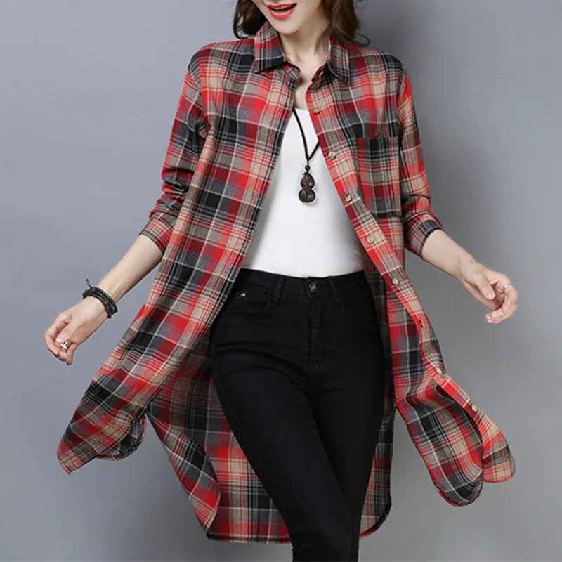 Женская клетчатая блузка с длинным рукавом, весна-осень, длинные рубашки средней длины, пальто размера плюс, повседневные женские топы и блузки camisas fimininas