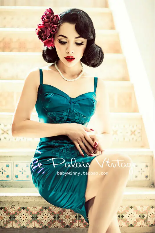 

FREE SHIP[PING Le Palais Vintage limited edition retro elegant lace stitching malachite green Corset Dress/BODYCON DRESS