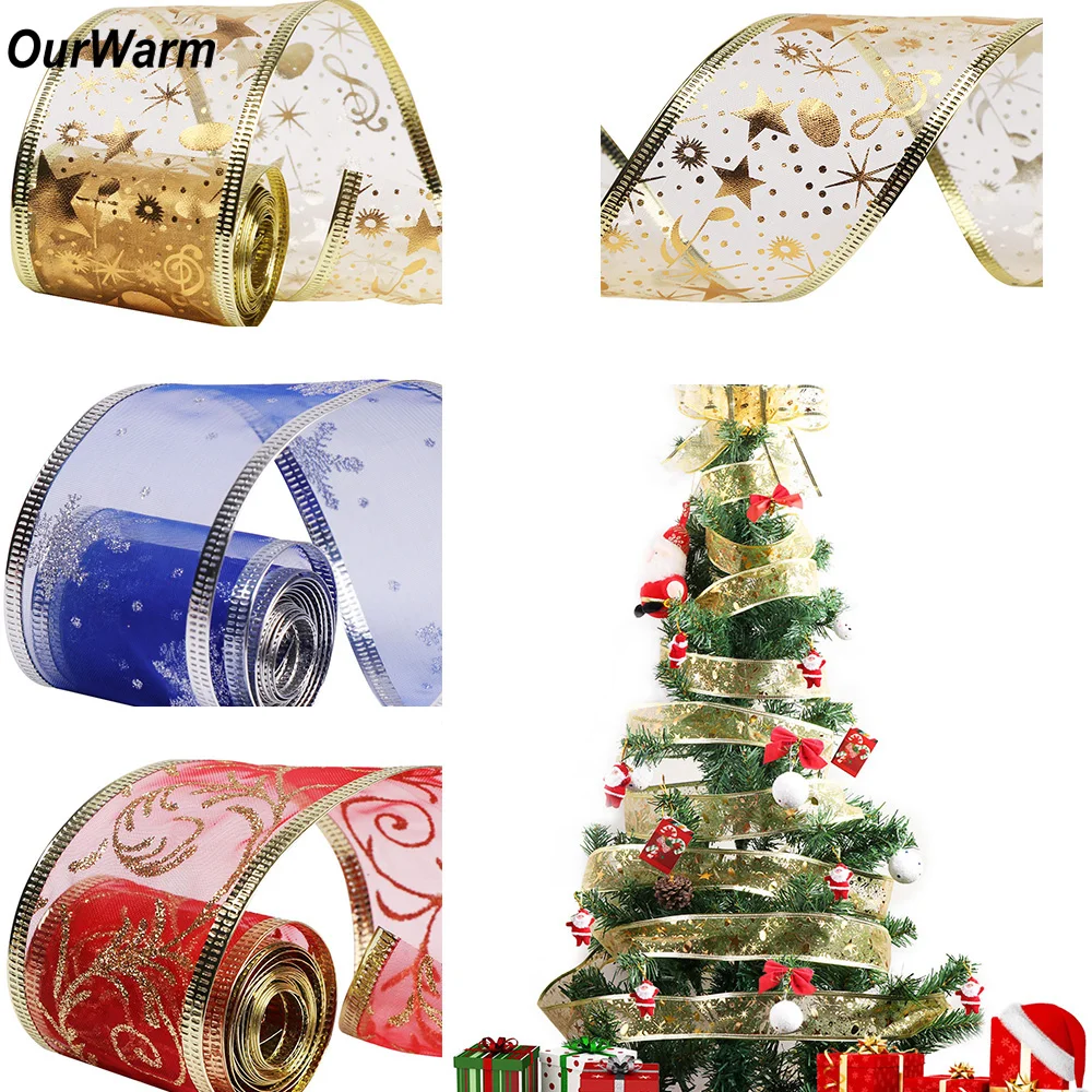 Ourwarm 2 двор DIY Craft лента из органзы Луки Снежинка новогодняя елка ленты и бабочки Блеск Подарки на Новый год Новогоднее украшение - изображение