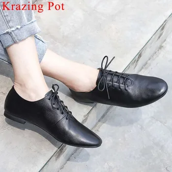 

Woman hand-sewn leather loafers genuine leather lace up solid young girls classic concise style travel campus casual shoes L01