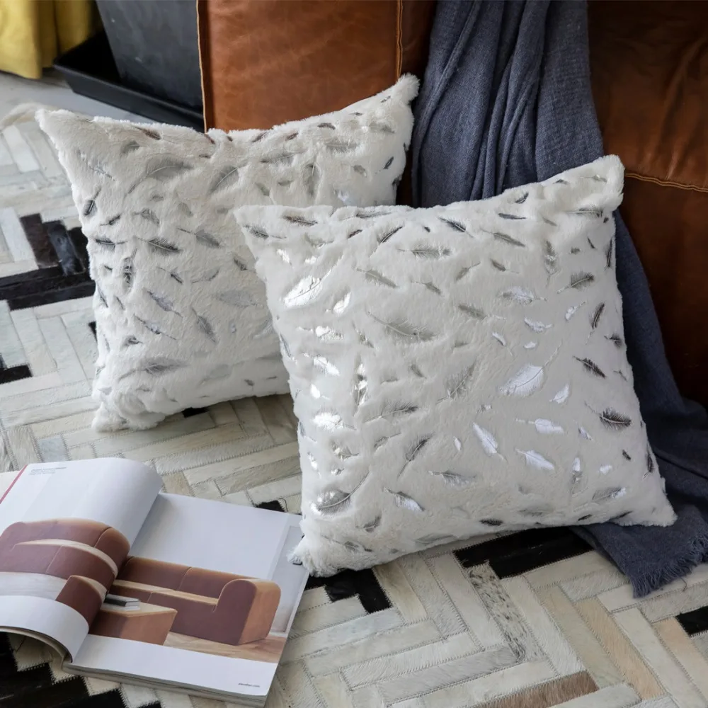 GIGIZAZA меховая плюшевая подушка наволочки Золотые и Серебряные Листья принт для дивана кресла кровать белый слоновая кость серый домашний декор роскошные подушки